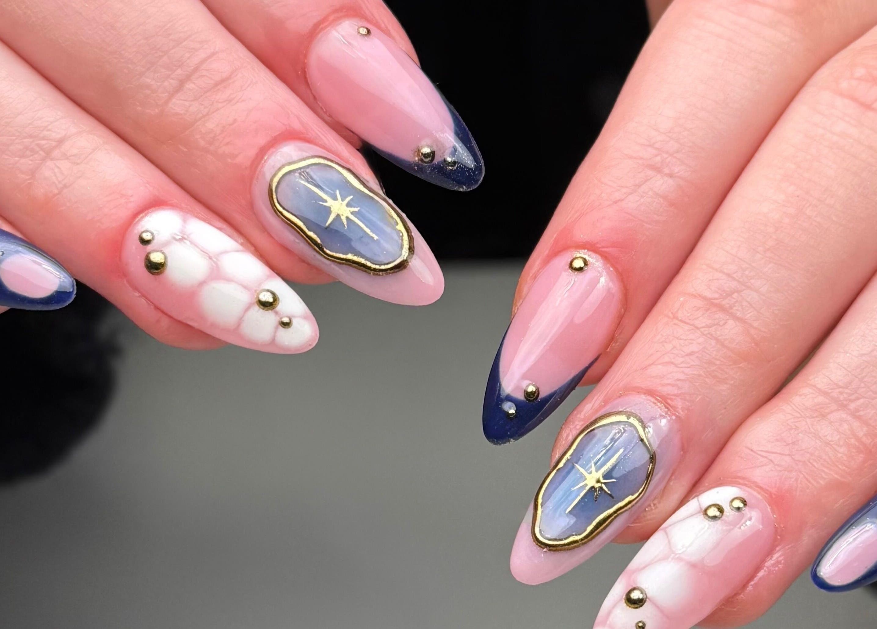 Elegant nail art with gems by Heather Connor at Elevate, Linlithgow, Scotland, GB.
