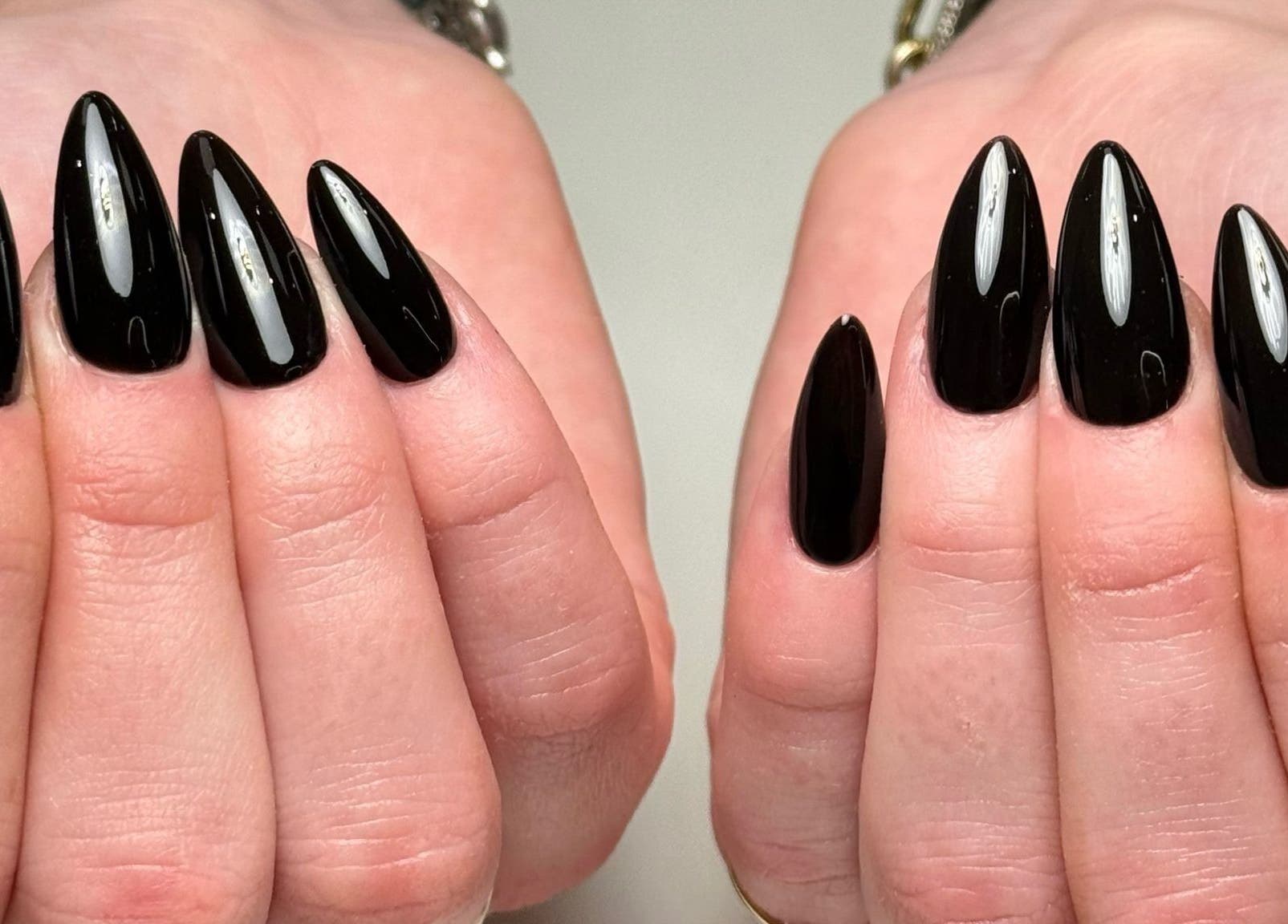 Elegant black nails by Heather Connor at Elevate, Linlithgow, Scotland, GB. Perfect for a glamorous look.