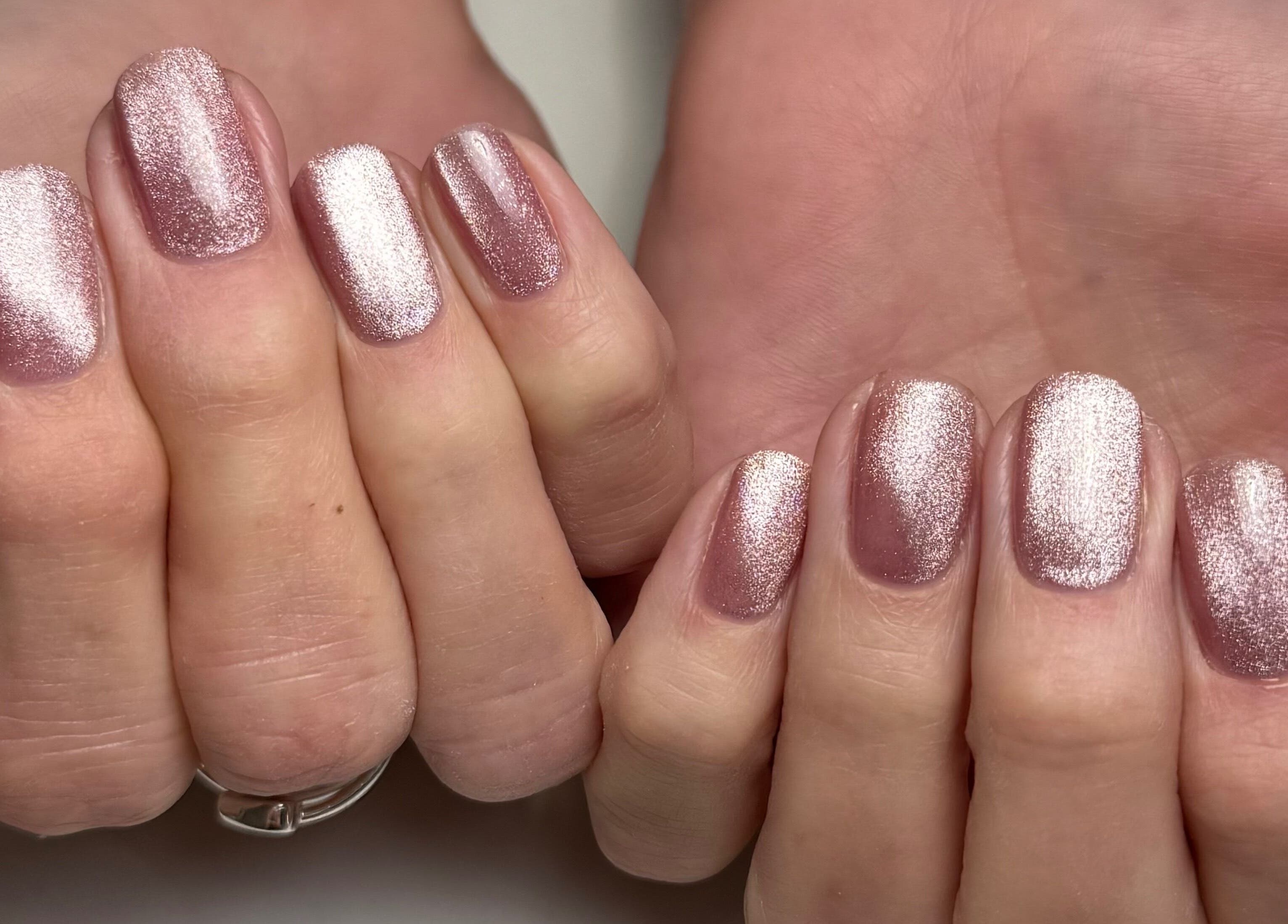 Glittering pink manicure by Heather Connor at Elevate, Linlithgow, Scotland, GB.