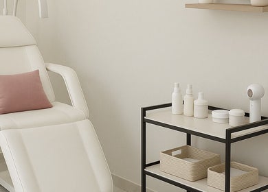 Στούντιο Karma Beauty στην Αθήνα, Αττικής, GR με κομψή καρέκλα spa και είδη περιποίησης.
