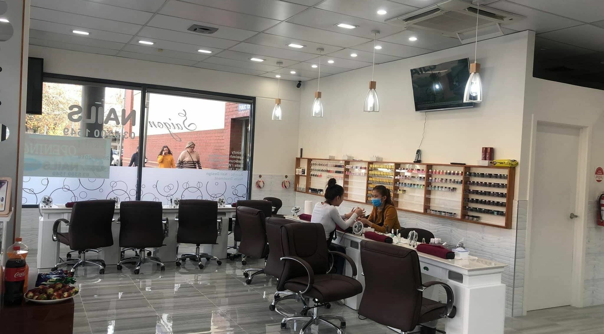 Interior view of Saigon Nails in Ballarat Central, Victoria, AU showcasing modern nail stations.