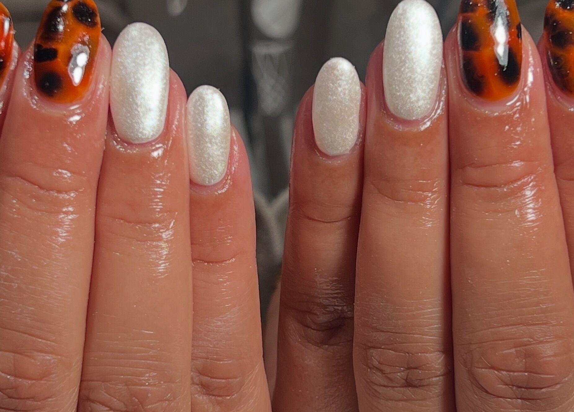 Beautiful tortoiseshell and white nails at PopsBeautyStudio, Bettws, Newport, Wales, GB.