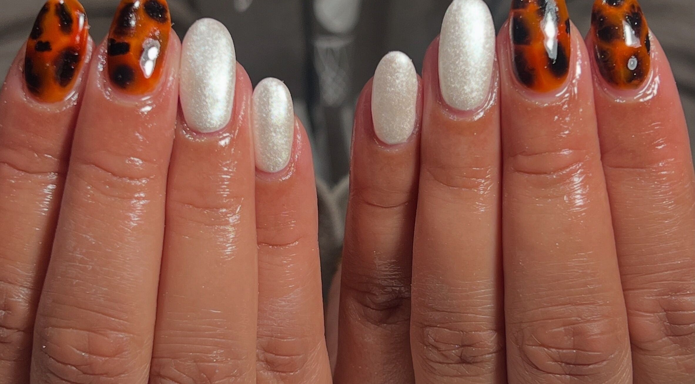 Beautiful tortoiseshell and white nails at PopsBeautyStudio, Bettws, Newport, Wales, GB.