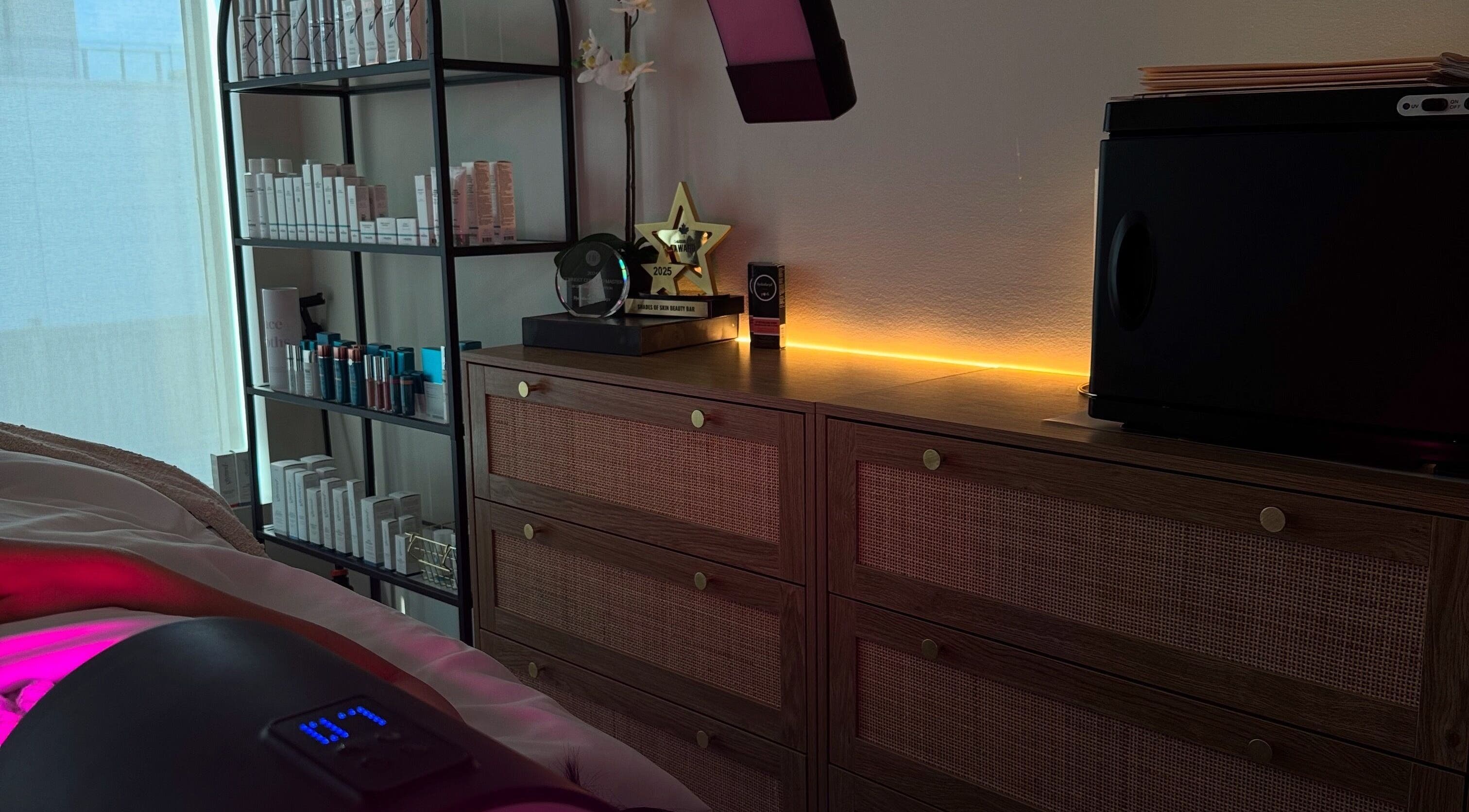 Relaxing spa setup at Shades of Skin Beauty Bar, Vaughan, Ontario, CA, featuring a warm, inviting atmosphere.