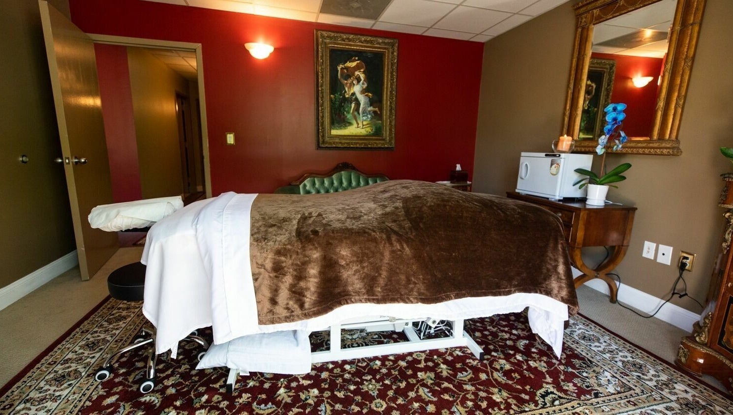 Massage room with elegant decor at SYL Spa in North Bethesda, Maryland, US for ultimate relaxation.