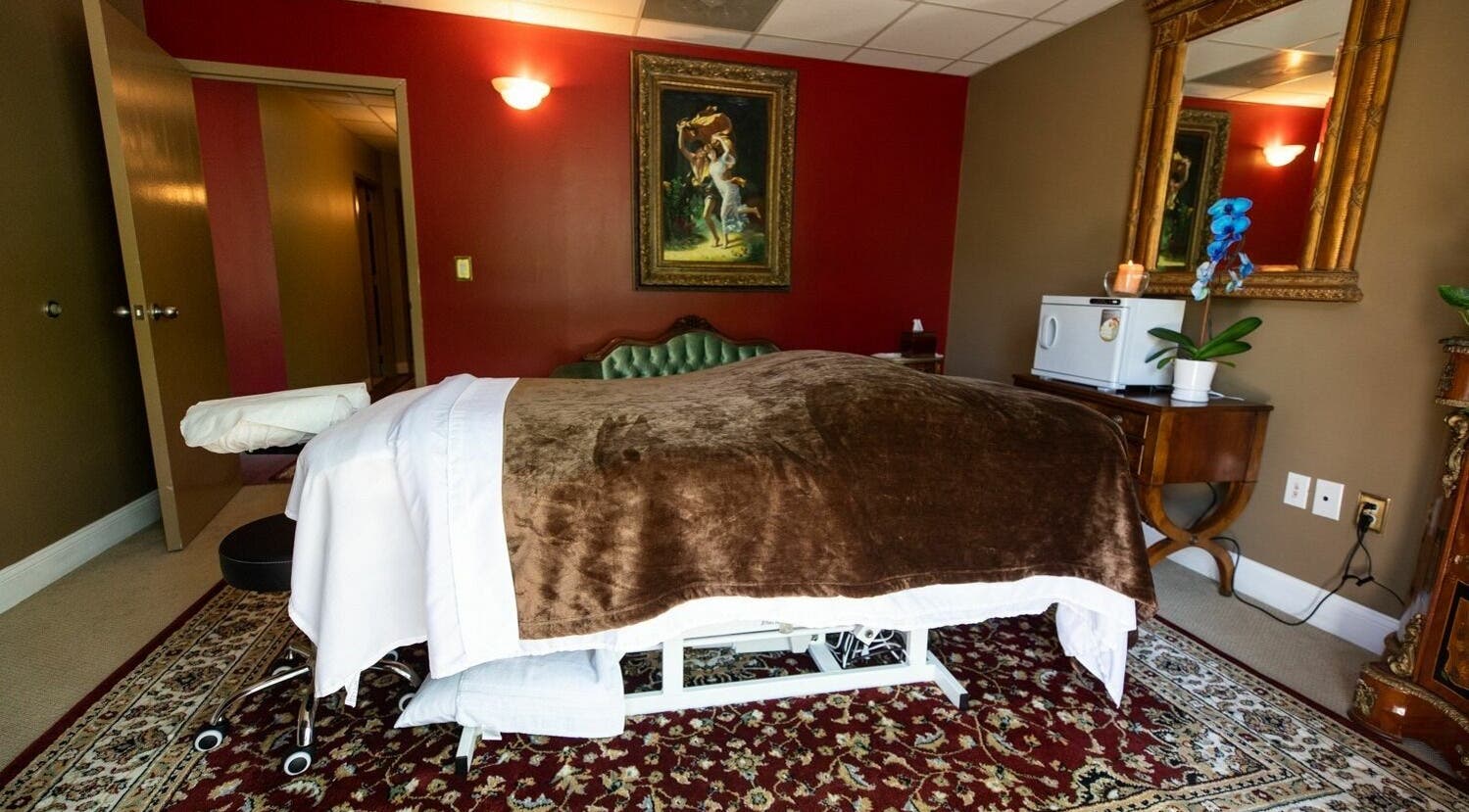 Massage room with elegant decor at SYL Spa in North Bethesda, Maryland, US for ultimate relaxation.