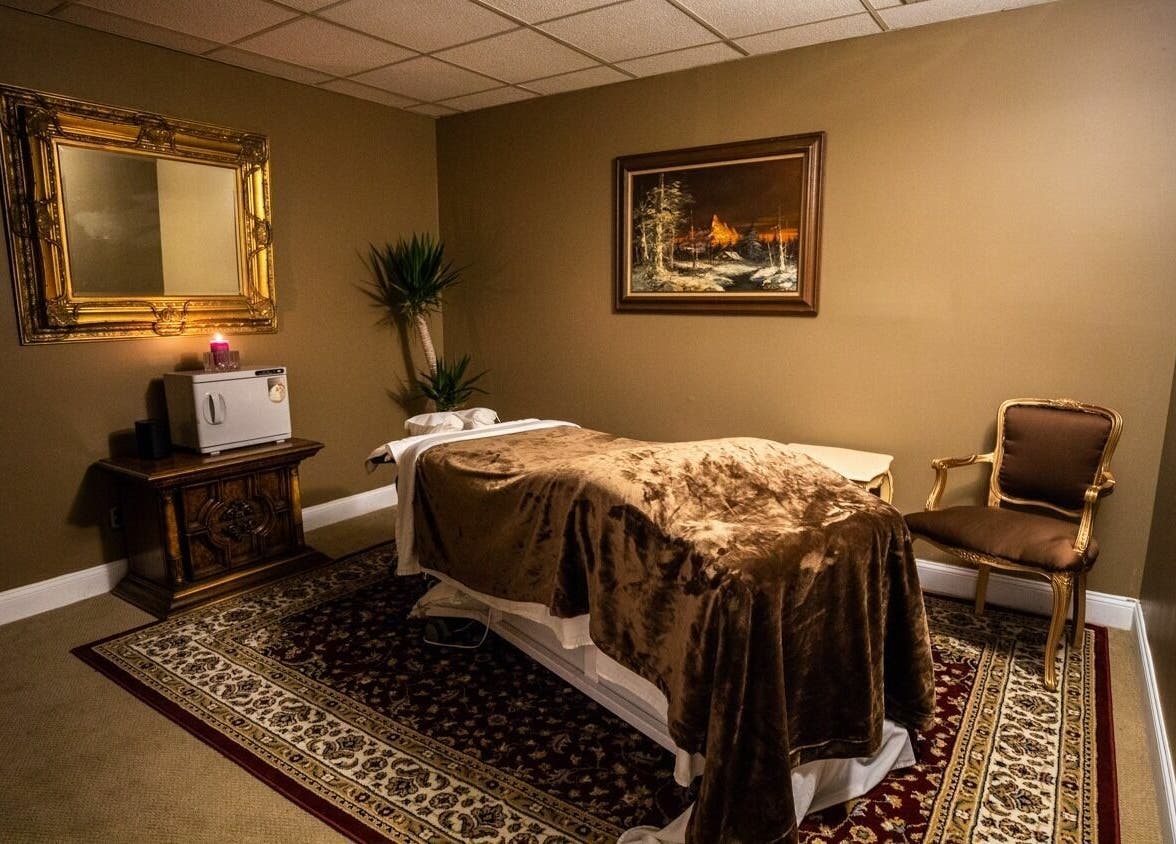 Relaxing massage room with soft lighting at SYL Spa, North Bethesda, Maryland, US, perfect for wellness.