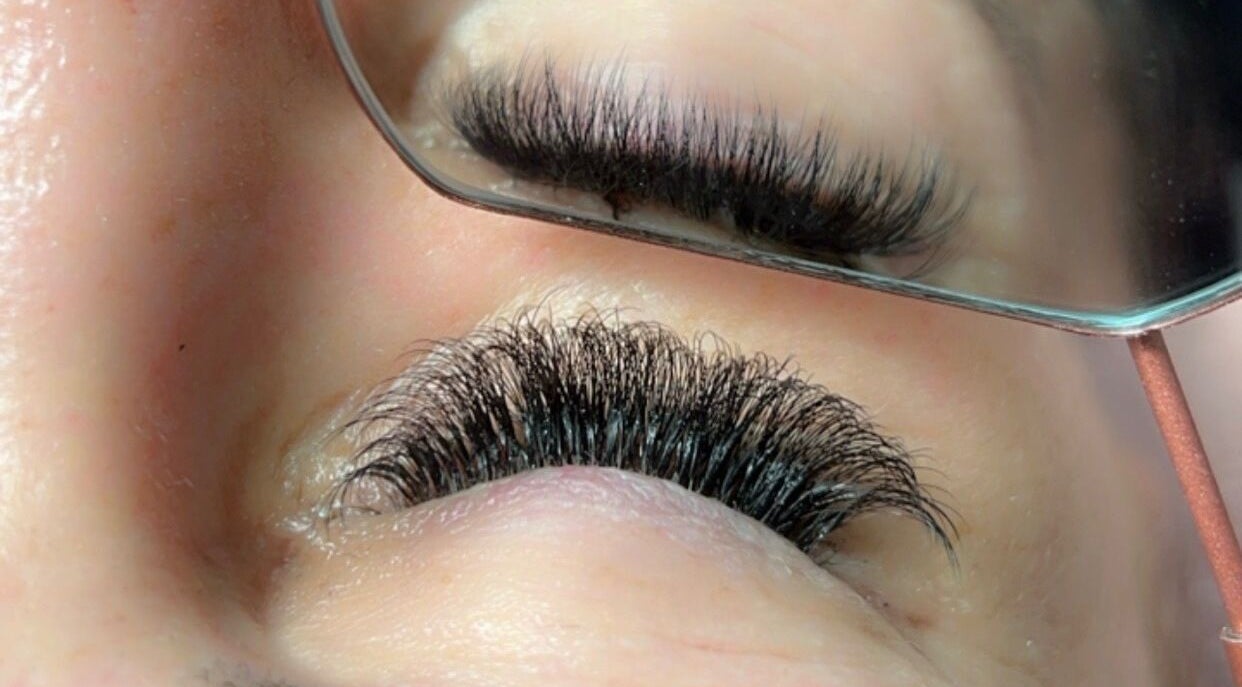 Close-up of eyelash extensions at Glamdolls, Dublin, County Dublin, IE in a beauty session.