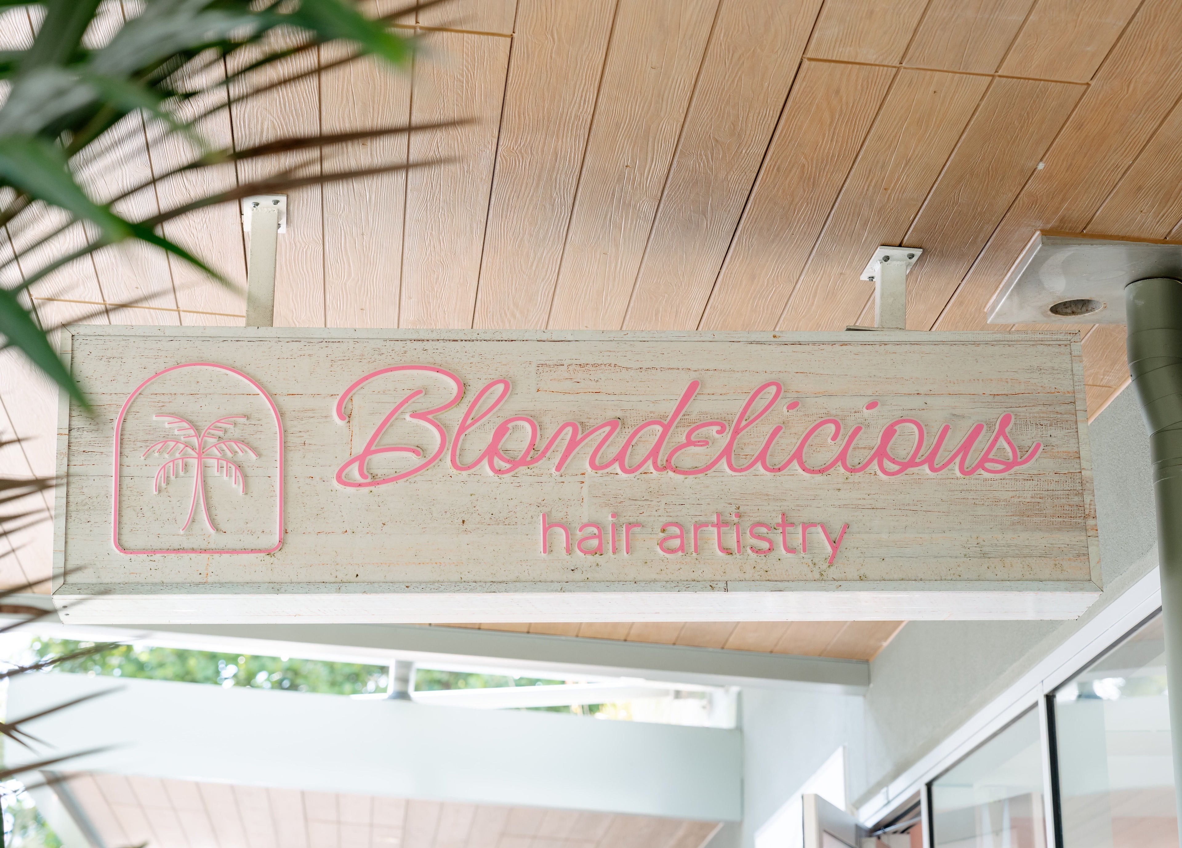 Blondelicious sign with palm motif, located at Palm Cove, Queensland, AU.