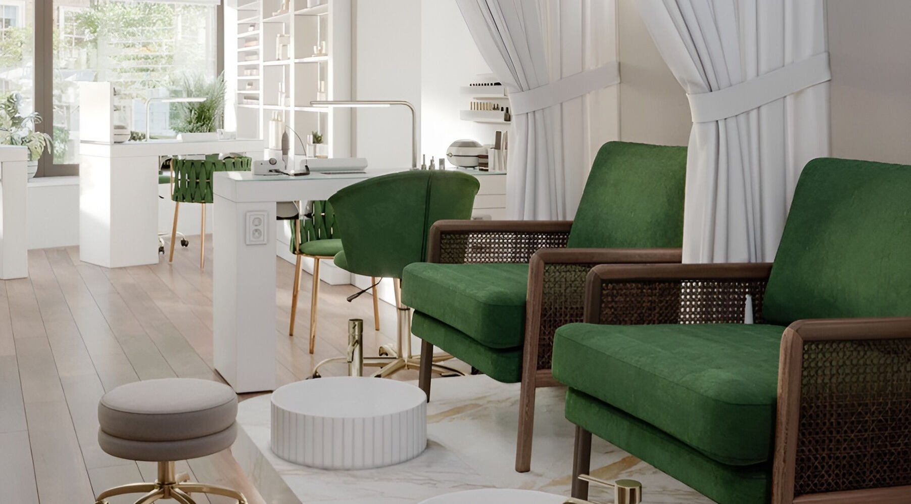 Elegant interior of Sal Beauty Hair, Woodford Green, England, GB, featuring plush green seating and chic décor.