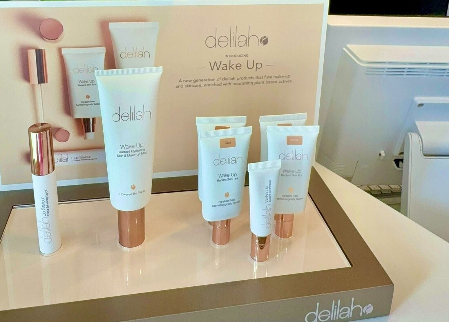 Delilah cosmetics display at Mirror Mirror Shrewsbury, Shrewsbury, GB featuring skincare and makeup products.