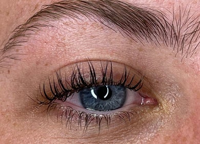 Close-up of elegant lashes enhanced at CLM Beauty Bar, Dyce, Scotland, GB.
