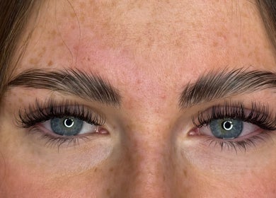 Close-up of styled lashes and brows at CLM Beauty Bar, Dyce, Scotland, GB.