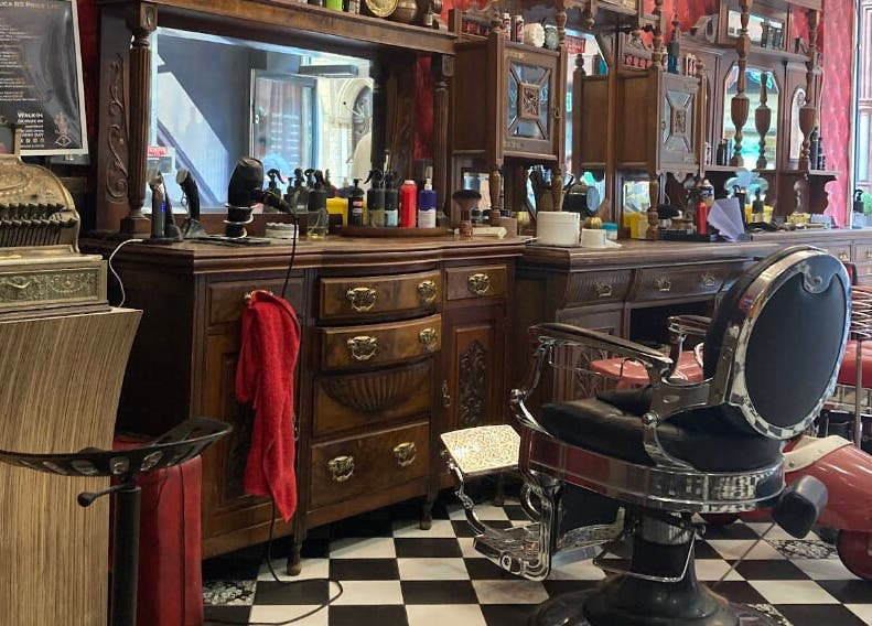 Elegant vintage barbershop interior at Brazuca B5 Barbers in Carlisle, England, GB with classic décor.