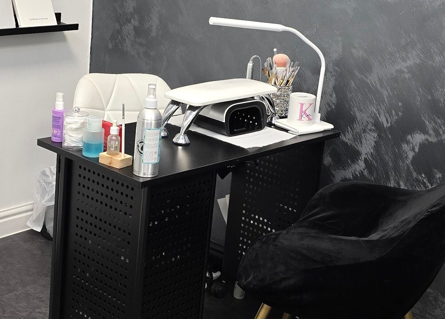 Chic nail station setup at KLR Beauty and Brows, Jarrow, England, GB, featuring manicure essentials.