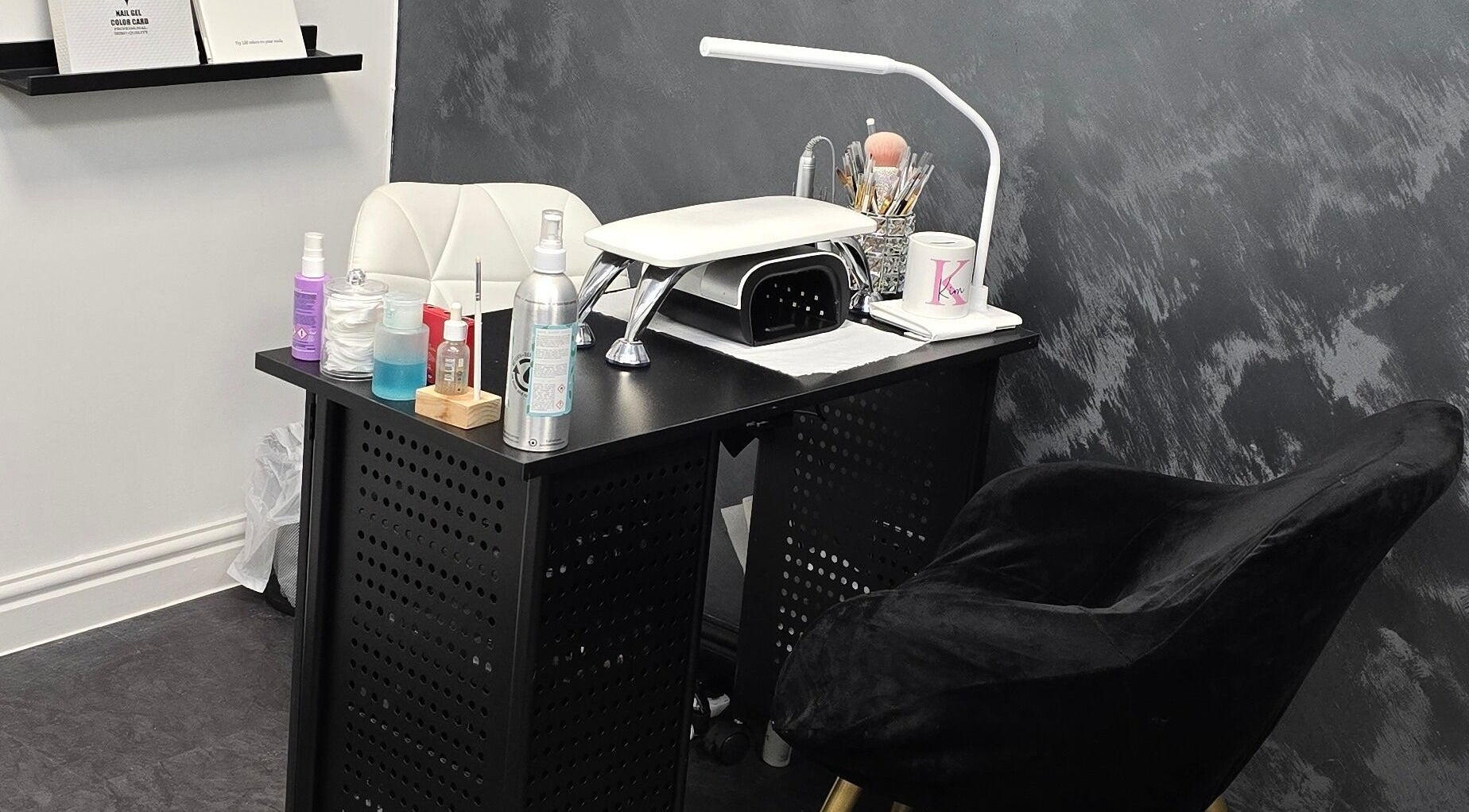 Chic nail station setup at KLR Beauty and Brows, Jarrow, England, GB, featuring manicure essentials.