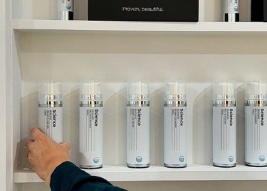 Skincare products on shelves at The Skin Conservatory - Mildura, Mildura South, Victoria, AU.