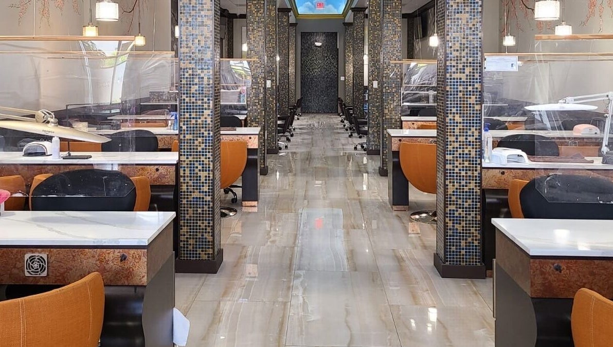 View of sophisticated salon seating at Angelic Nails Spa, Pembroke Pines, Florida, US.