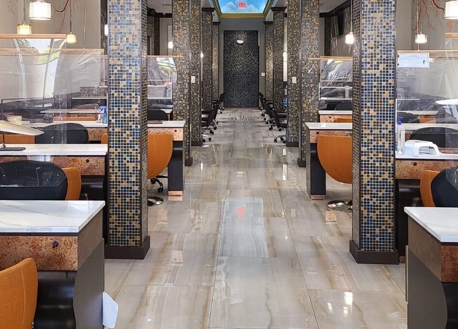 View of sophisticated salon seating at Angelic Nails Spa, Pembroke Pines, Florida, US.