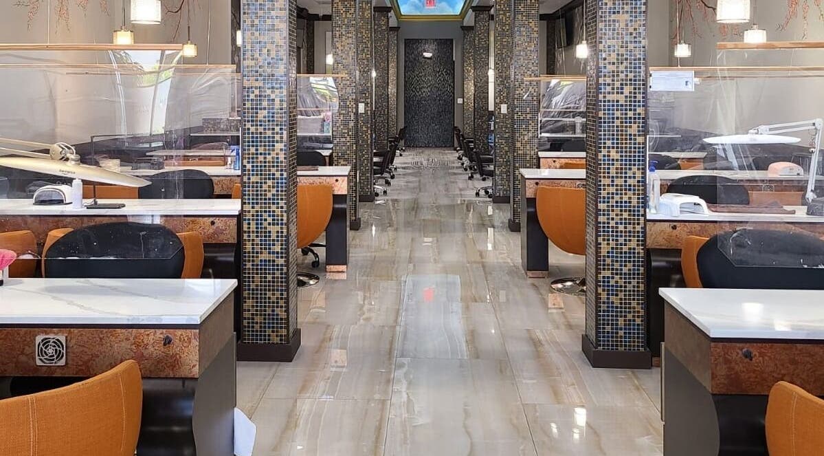 View of sophisticated salon seating at Angelic Nails Spa, Pembroke Pines, Florida, US.