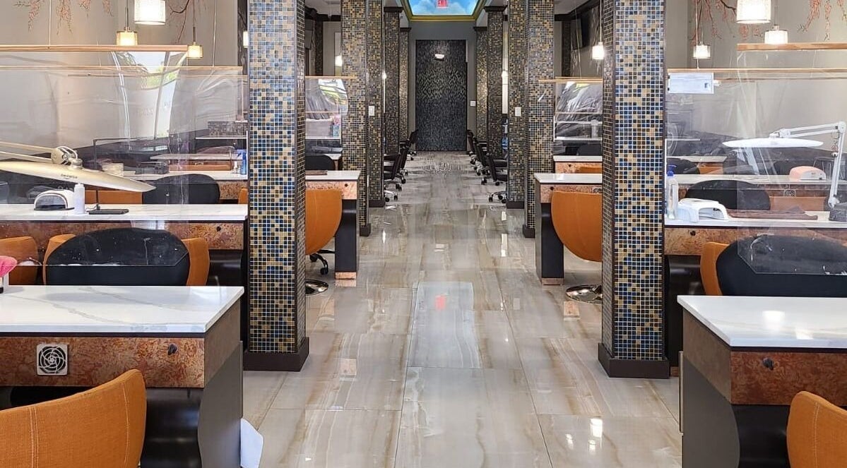 View of sophisticated salon seating at Angelic Nails Spa, Pembroke Pines, Florida, US.