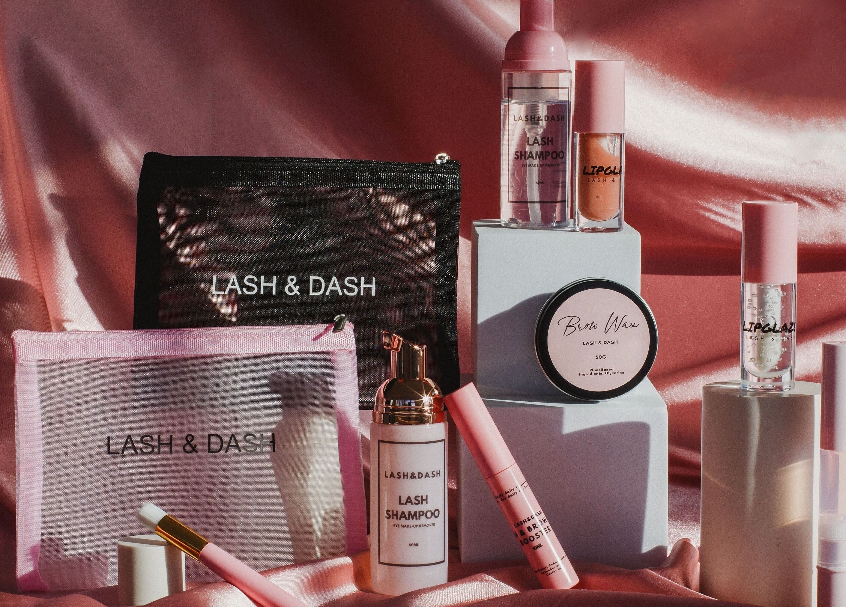 Lash and Dash beauty products, including lash shampoo and lip glaze, displayed in Sandton, Gauteng, ZA.