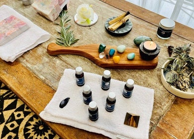 Therapeutic oils and crystals at The Sanctuary, Kingscliff, New South Wales, AU.