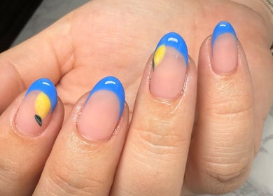 Bright blue and lemon nail art by Nails by Natasha in Dorval, Quebec, CA.