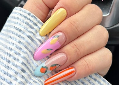 Colorful fruit-themed nails by Nails by Natasha, Dorval, Quebec, CA, showcasing vibrant designs.