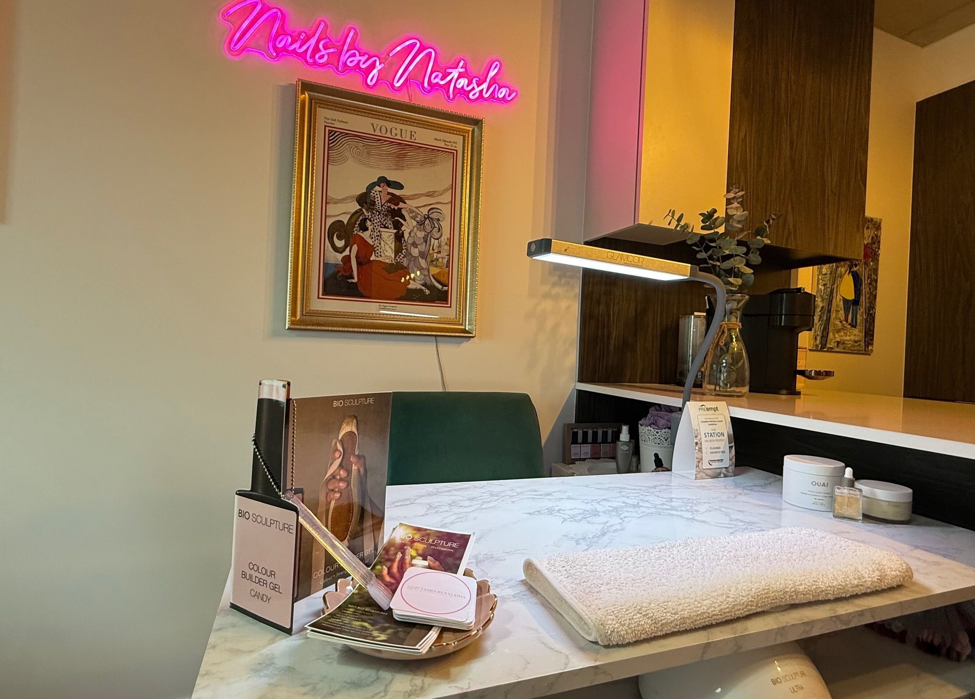 Cozy nail station at Nails By Natasha, Dorval, Quebec, CA featuring stylish decor and manicure essentials.