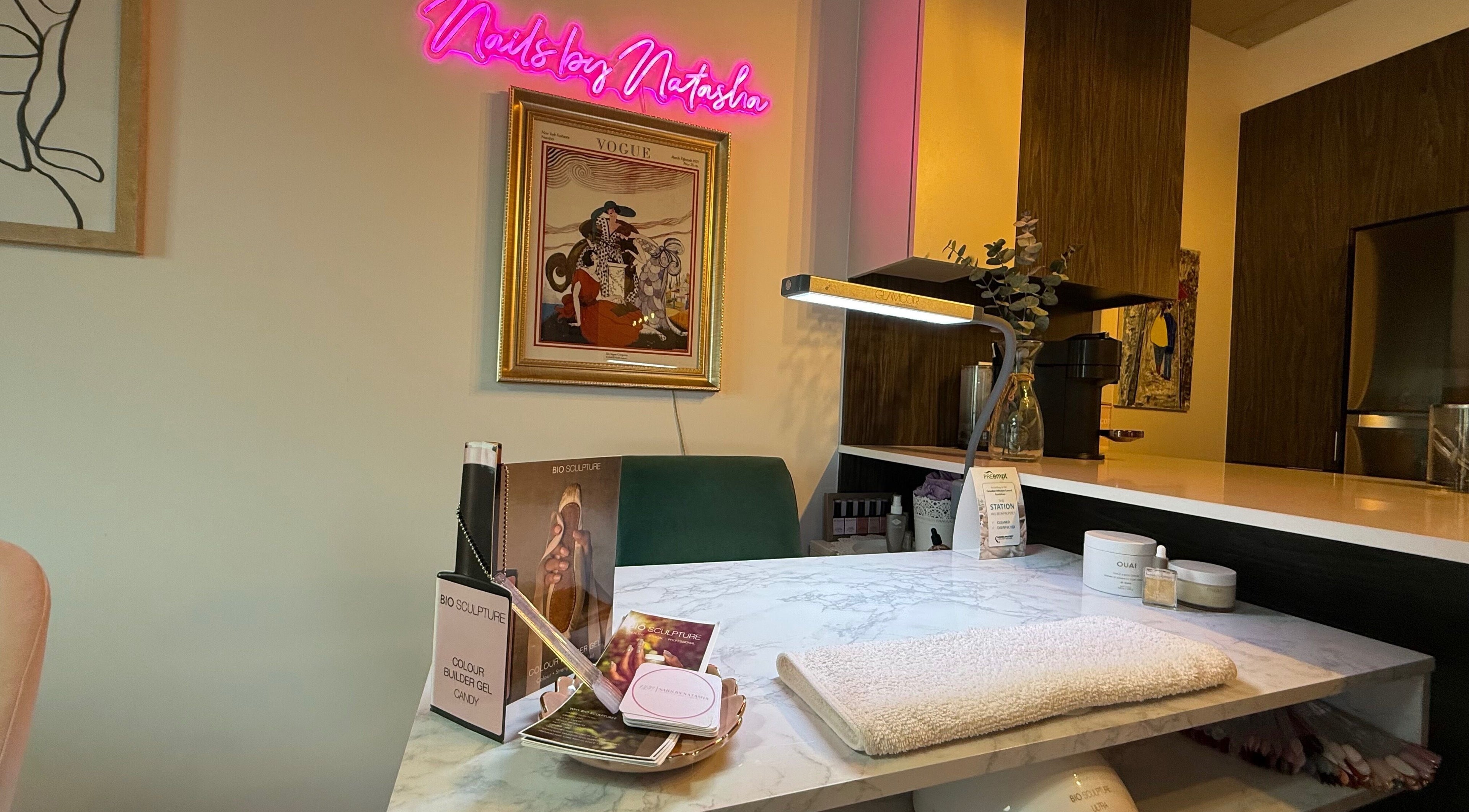 Cozy nail station at Nails By Natasha, Dorval, Quebec, CA featuring stylish decor and manicure essentials.