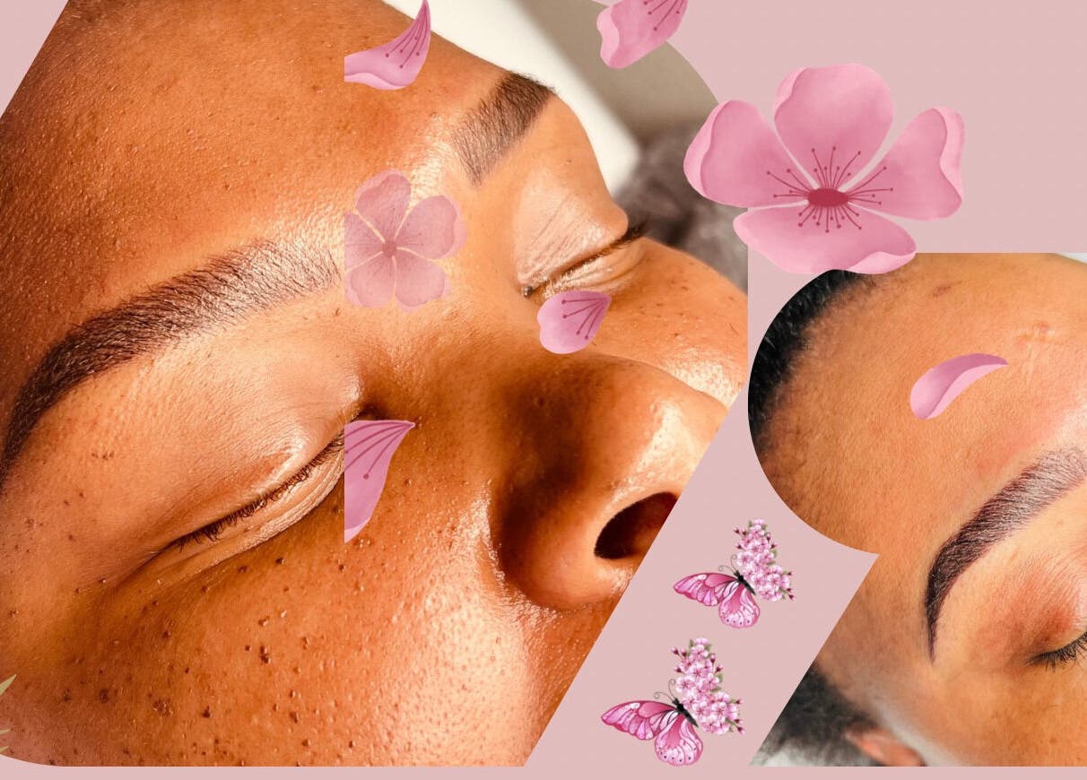 Beautifully groomed eyebrows at Ash Ed Beauty Suite in Germiston, Gauteng, ZA, accented with pink flowers.