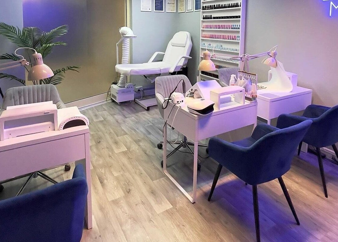Elegant nail studio at Vyrsta Studio, London, England, GB, showcasing manicure stations and serene decor.