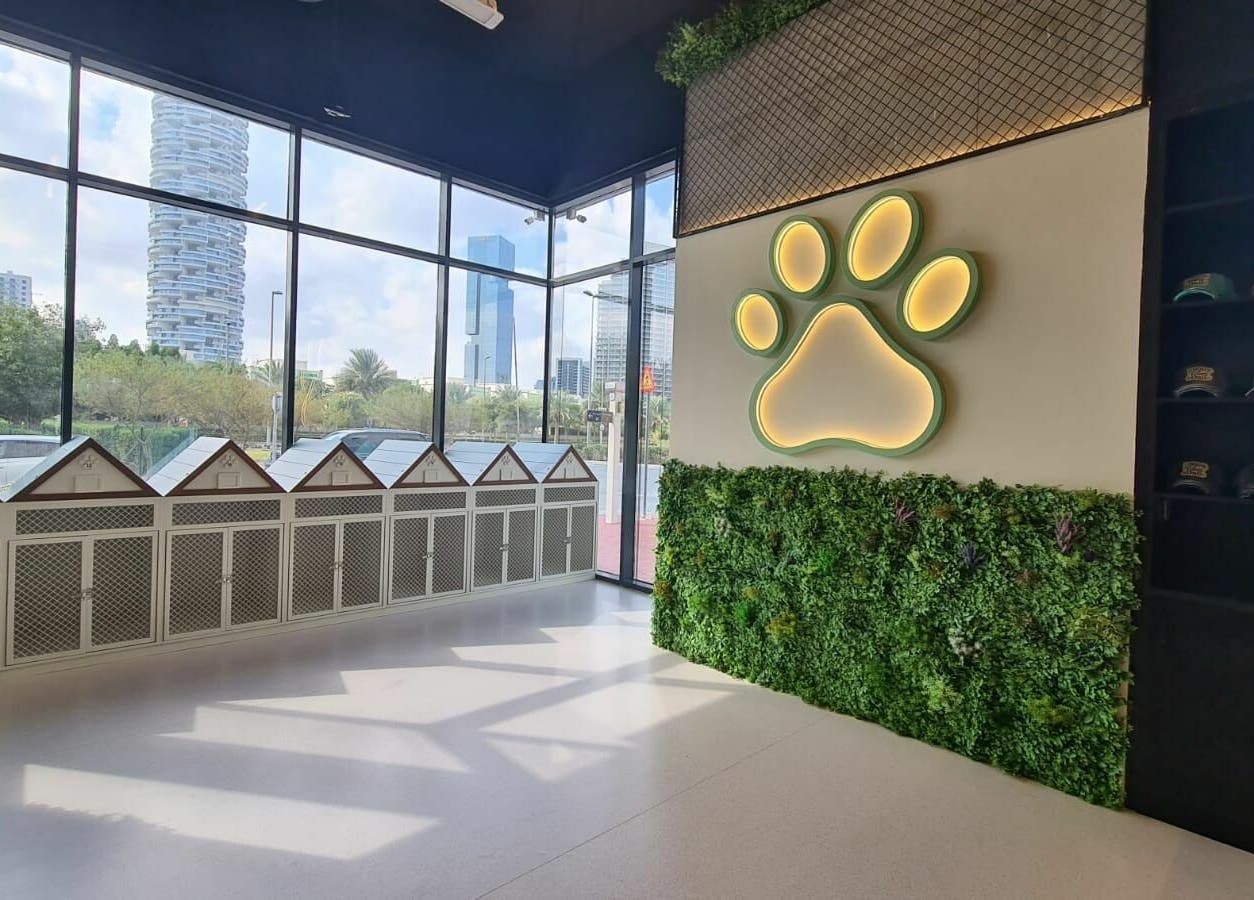Interior of Tiny Paws in Dubai, AE, featuring a large paw logo and kennel area with greenery.
