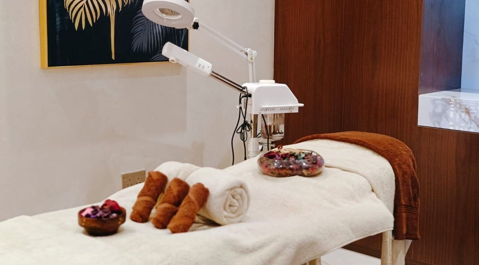 Relaxing treatment room at Healing Zone Spa, Sharjah, AE with a massage table and spa equipment.