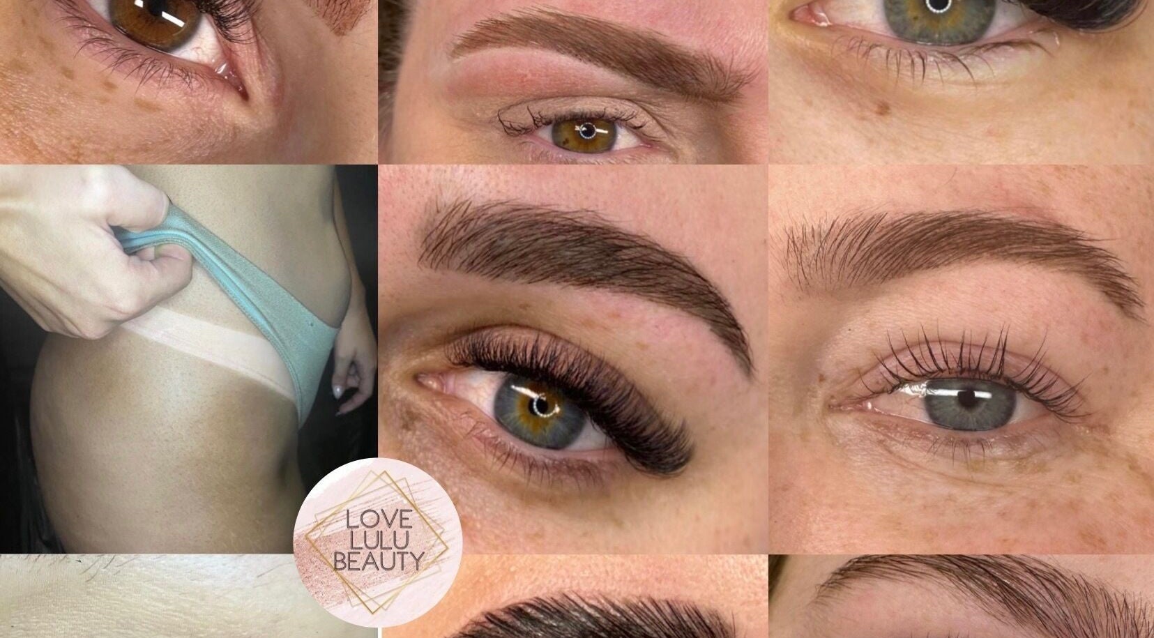 Collage showcasing eye and skin beauty treatments at Love Lulu Beauty, Jordan Springs, New South Wales, AU.