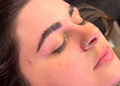 Close-up of relaxed person with perfectly groomed eyebrows at Bold Beauty Esthetics, Oklahoma City, Oklahoma, US.