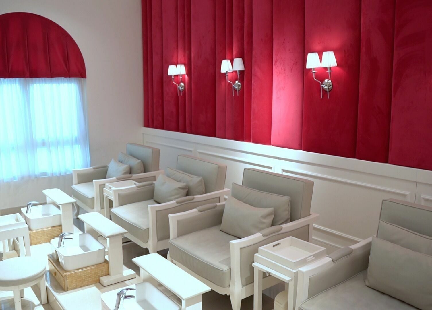 Luxurious pedicure seats at Shatha Beauty Centre in Sharjah, AE, showcasing modern elegance and comfort.