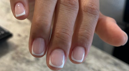 Close-up of elegant French manicure at Tat's Nails Scottsdale, Scottsdale, Arizona, US.