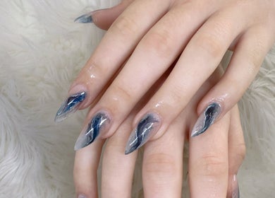 Blue abstract nail art at Happy Nail South Yarra, Melbourne, Victoria, AU featuring stylish gel nails.