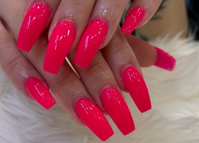 Vibrant pink nails at Happy Nail South Yarra, Melbourne, Victoria, AU, showcasing expert nail care.