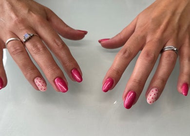 Elegant pink nails with polka dot design, styled at Melodysnailbiz, Aylesford, England, GB.
