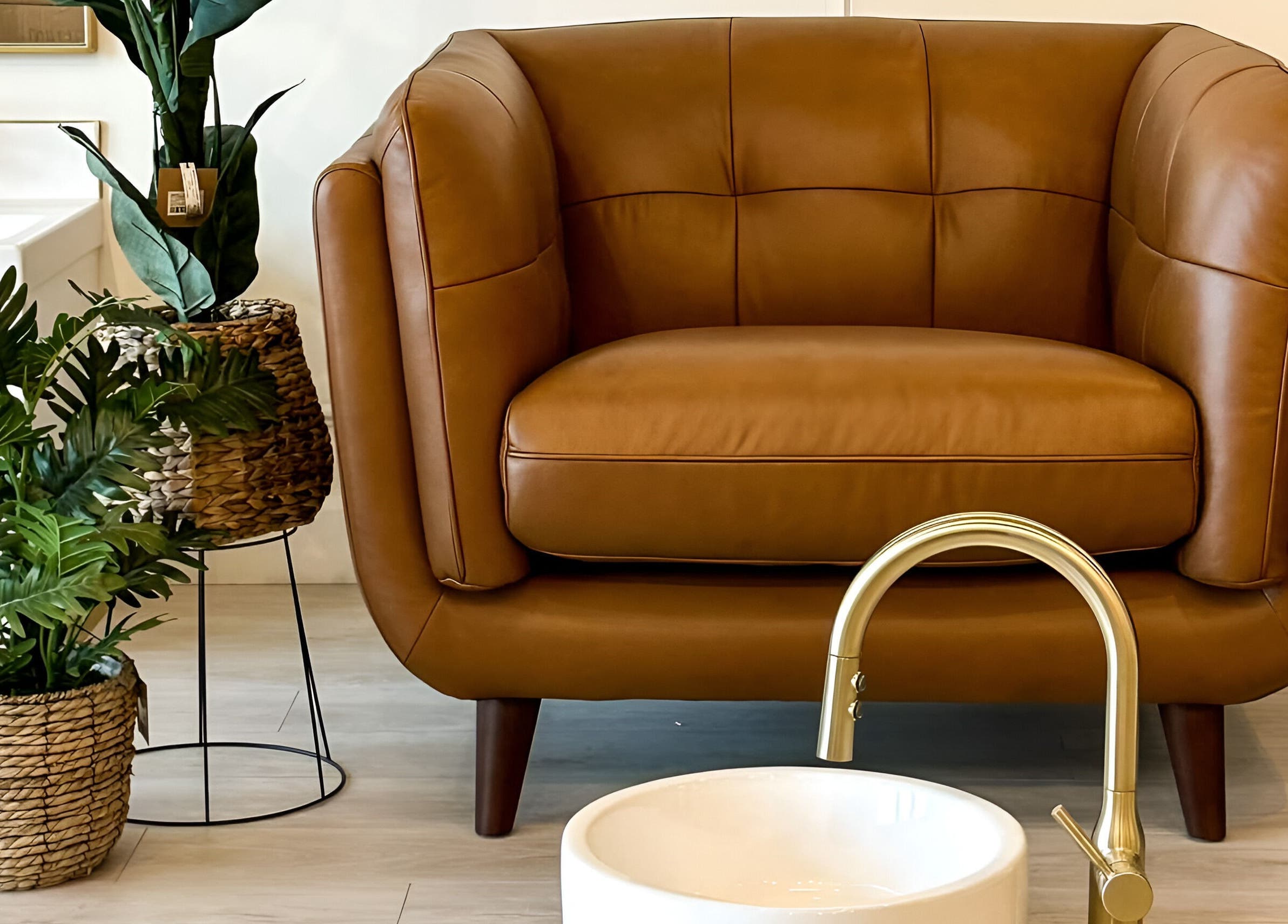 Elegant seating area at Sweetling Nails and Spa, Ottawa, Ontario, CA featuring a brown leather chair.