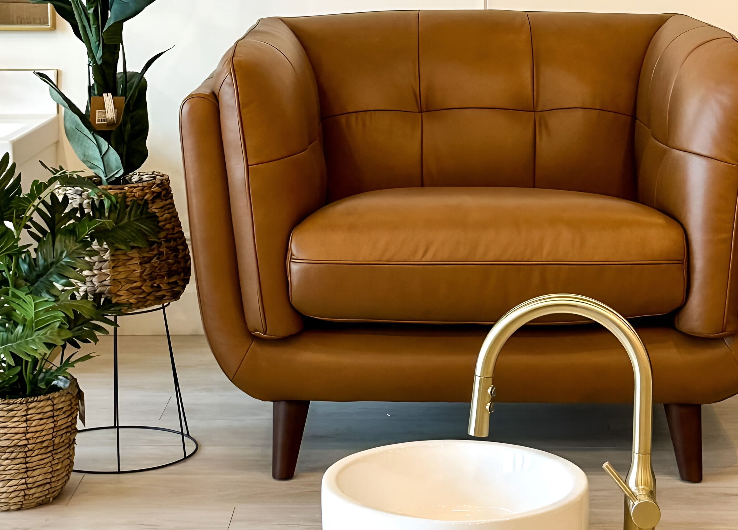 Elegant seating area at Sweetling Nails and Spa, Ottawa, Ontario, CA featuring a brown leather chair.