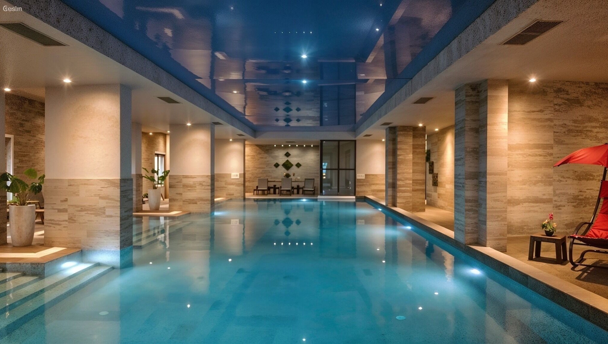 Луксозен вътрешен басейн в Резиденция Лазурен бряг, Burgas, Burgas, BG, изпълнен със спокойствие.