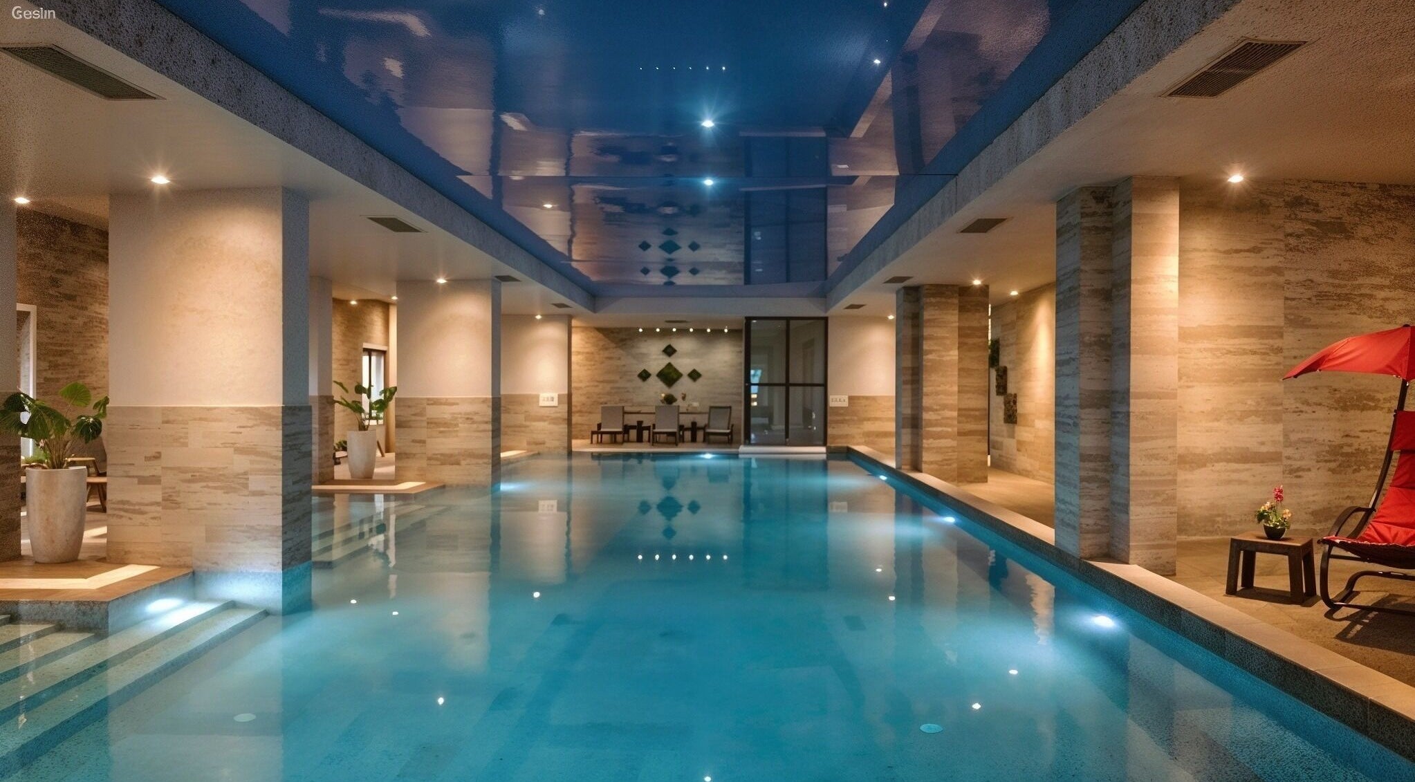 Луксозен вътрешен басейн в Резиденция Лазурен бряг, Burgas, Burgas, BG, изпълнен със спокойствие.