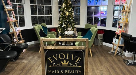 Evolve Salon in Clacton-on-sea, England, GB, beautifully decorated for the holidays with elegant seating and festive decor.