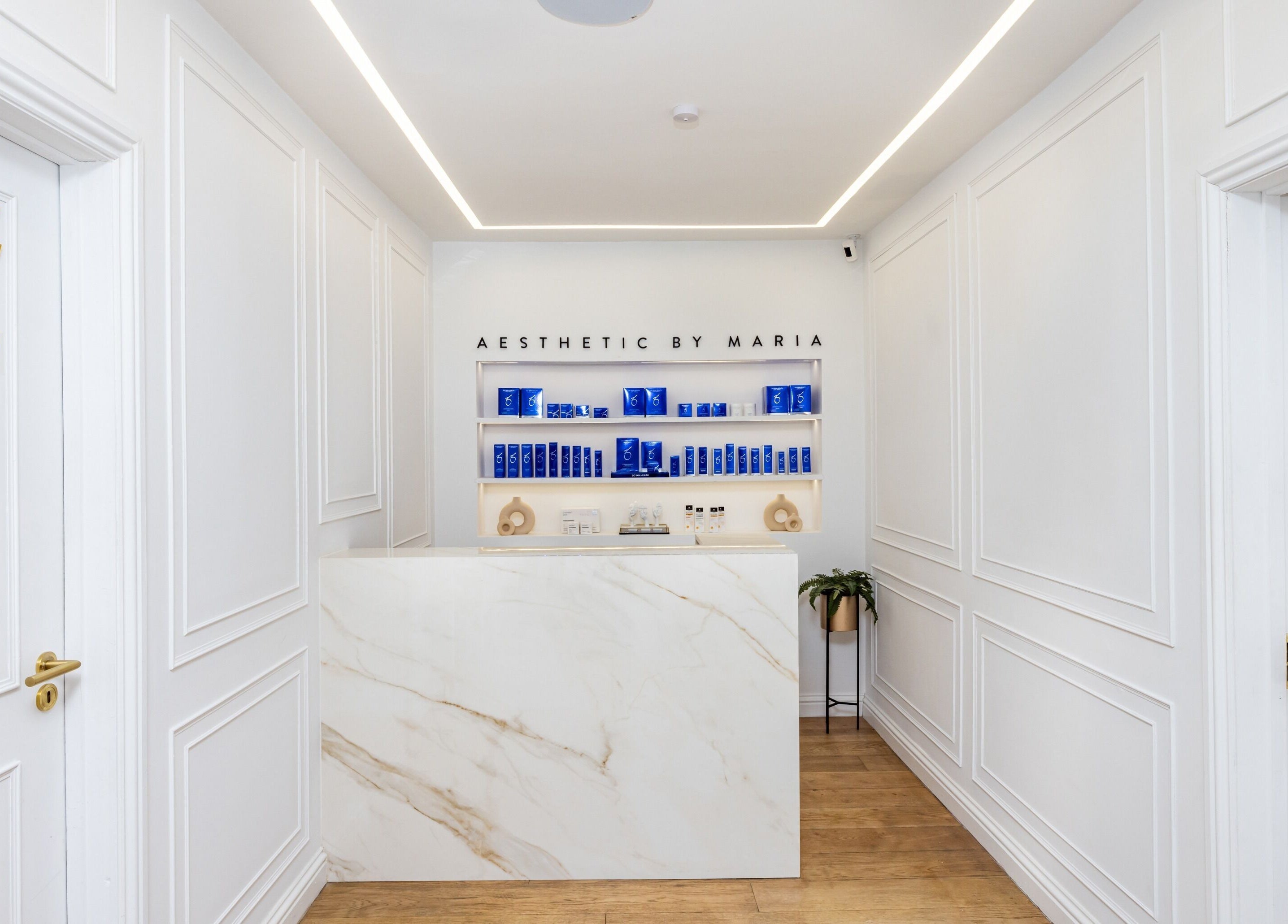 Aesthetic by Maria's elegant reception area in London, England, GB with sleek decor and products displayed.