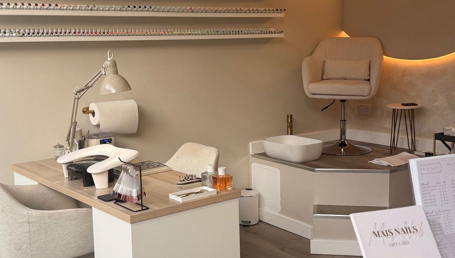 Elegant nail station at Mais Nails, Barry, Wales, GB, showcasing modern beauty and wellness services.