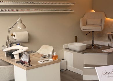 Elegant nail station at Mais Nails, Barry, Wales, GB, showcasing modern beauty and wellness services.